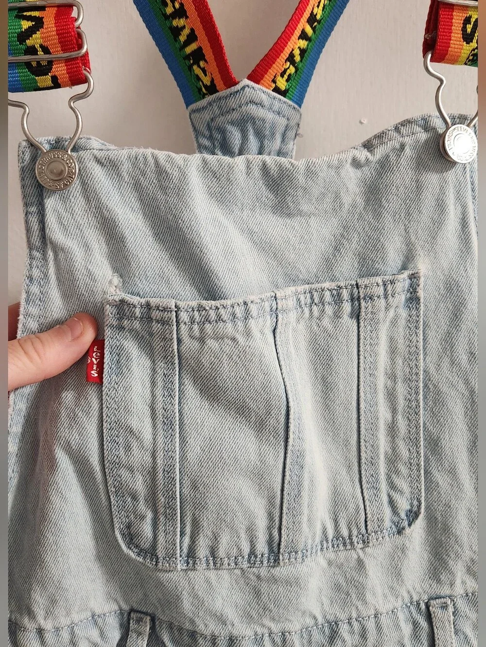 Levi's Girls Denim Shortall With Rainbow Strap Suspenders , Size 12 R